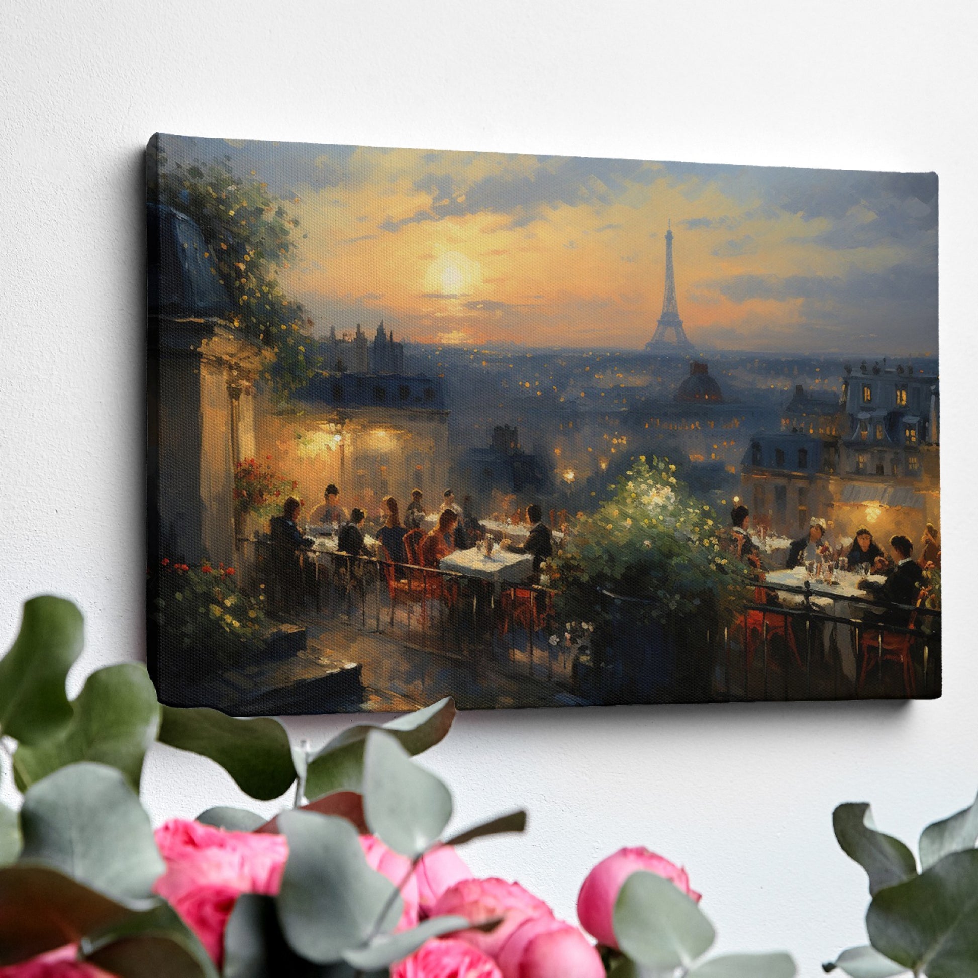 Framed canvas print of a Parisian sunset with diners on a balcony overlooking the Eiffel Tower