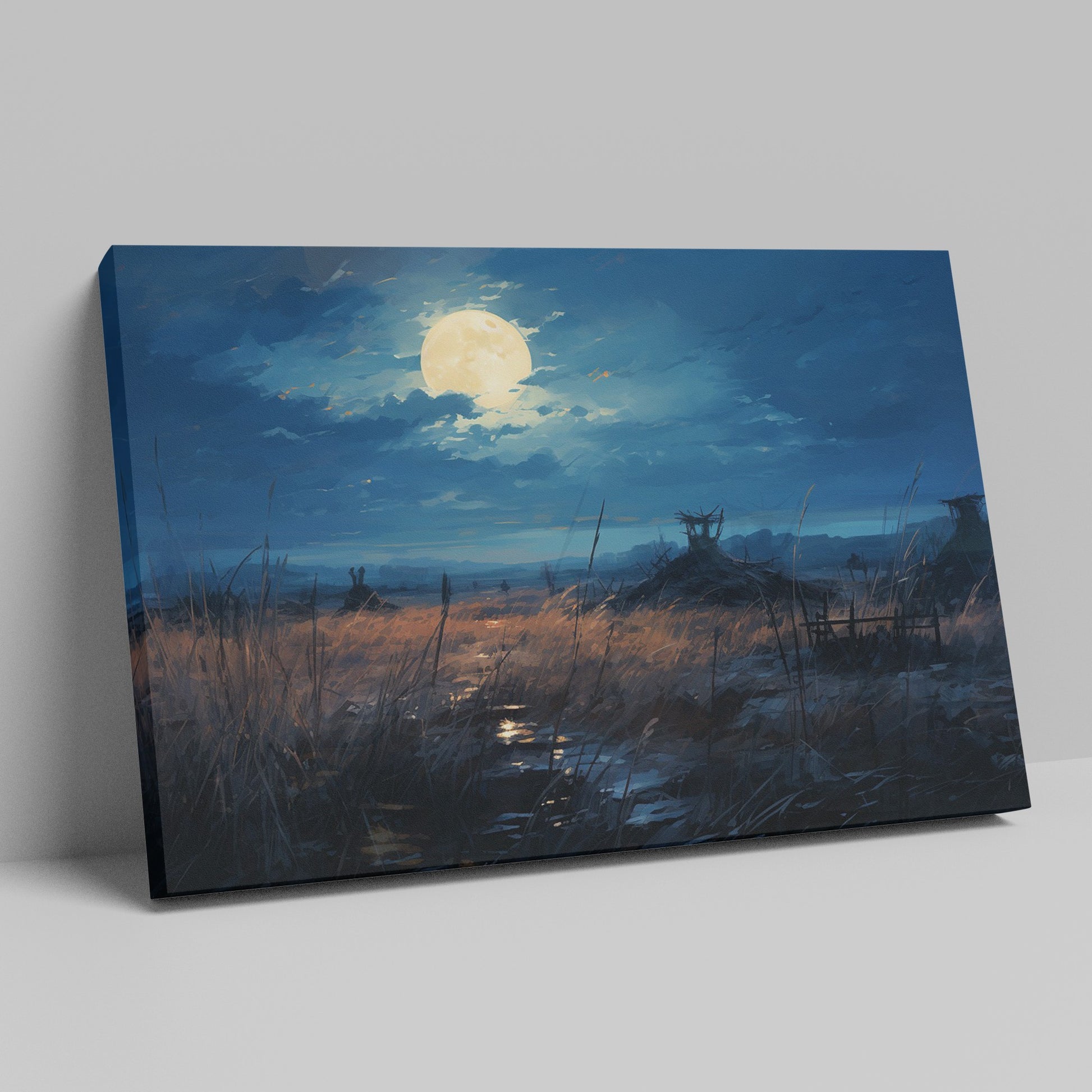 Framed canvas print of a moonlit rustic meadow with a full moon, golden tones and blue hues