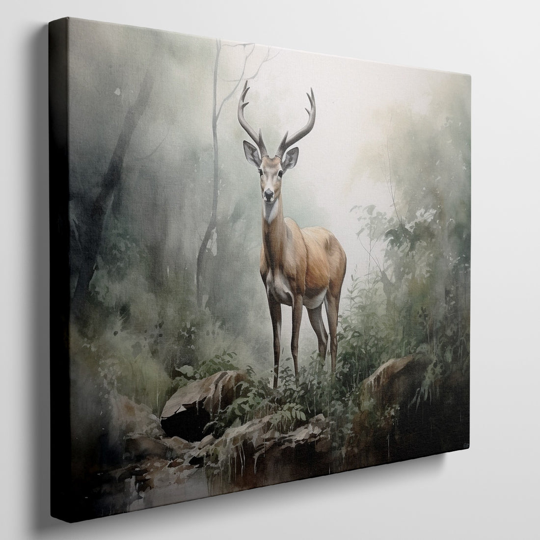 Framed canvas print of a majestic stag in a misty, ethereal forest with earthy tones