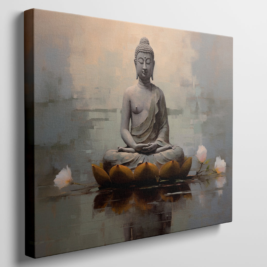 Framed canvas print of a zen Buddha and lotus flowers with a tranquil, reflective water effect