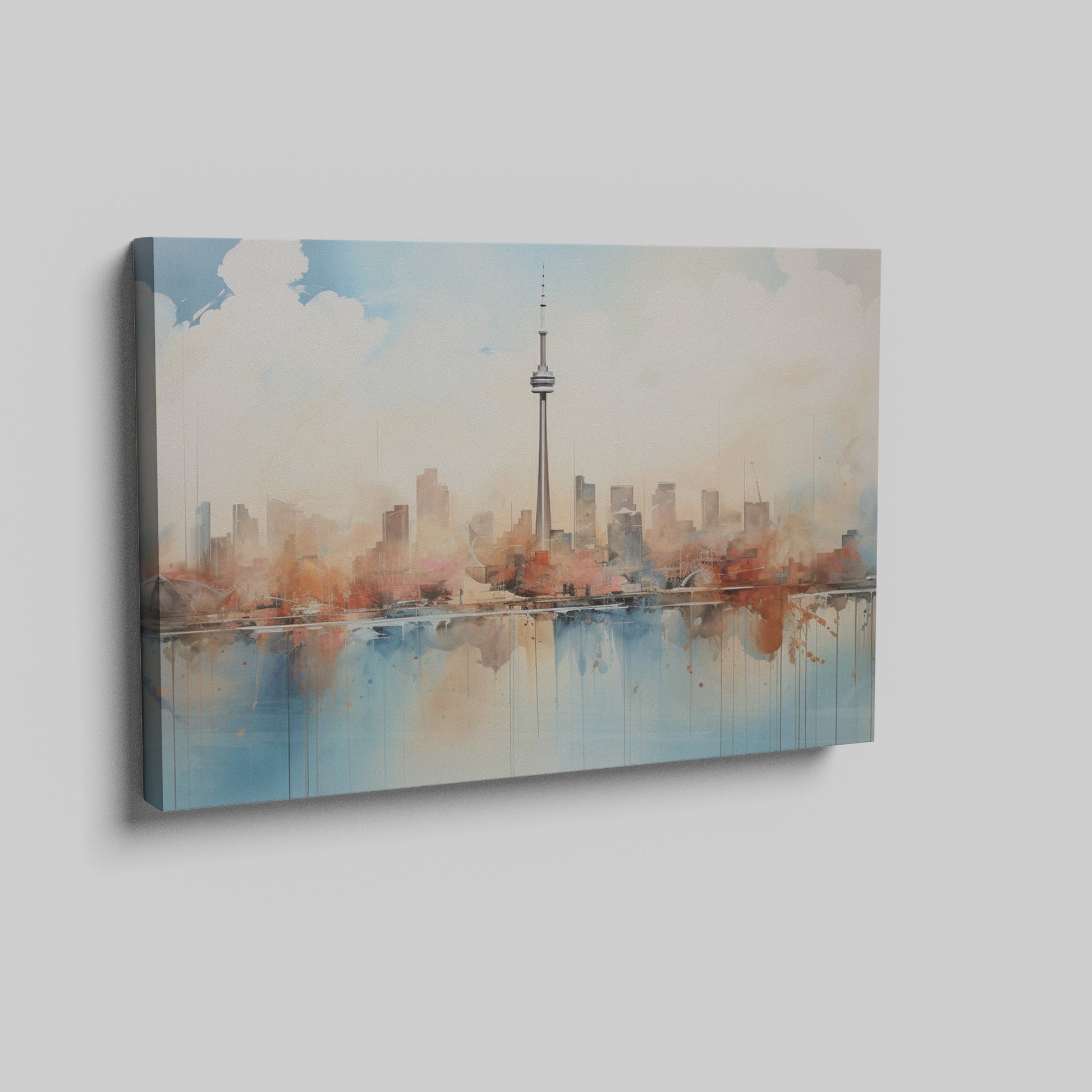 Framed canvas print of a soothing abstract cityscape with watercolour skyline and reflections