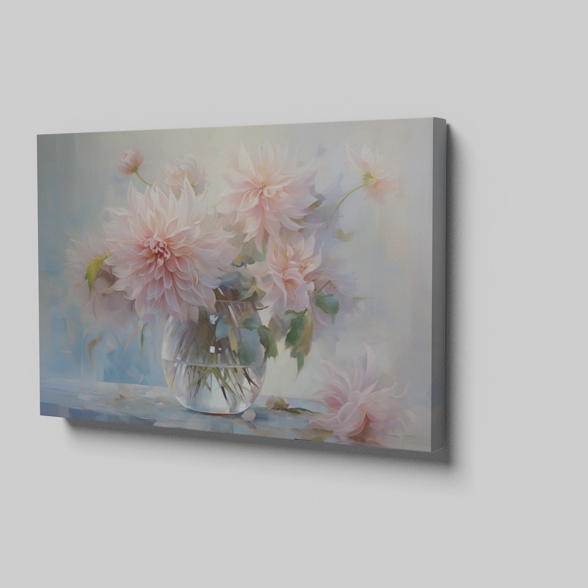 Framed canvas print of delicate dahlias in a glass vase with a soft pastel palette