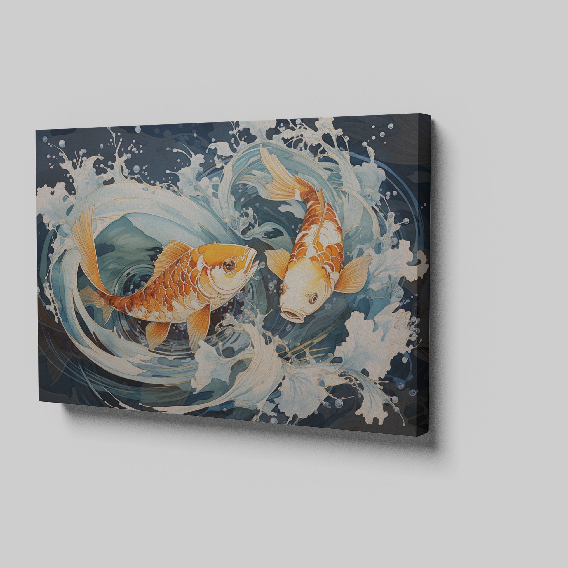 Framed canvas print of two vibrant koi fish with dynamic water movements in a Japanese style illustration