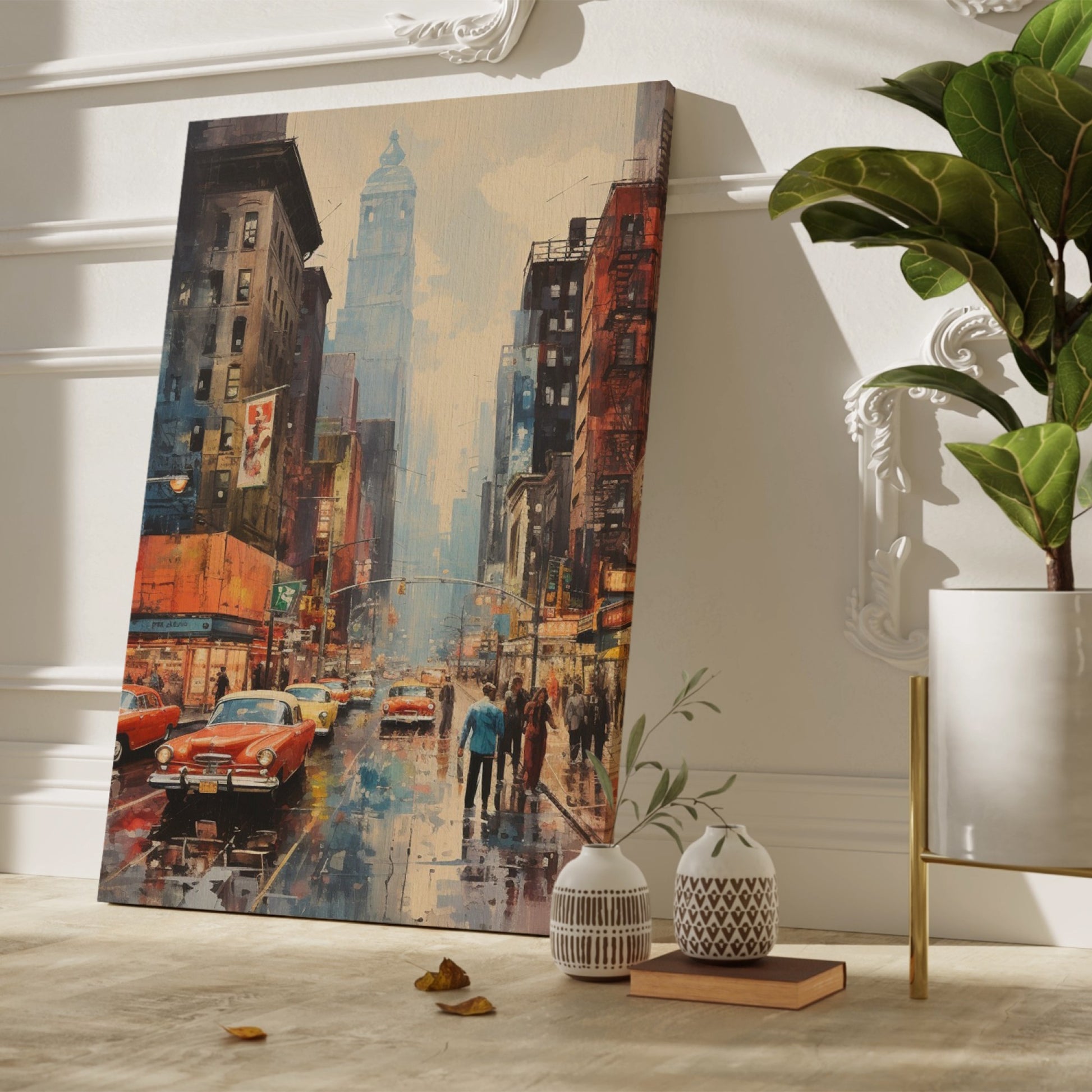 Framed canvas print of a rainy urban cityscape with vintage cars and reflections on the wet street