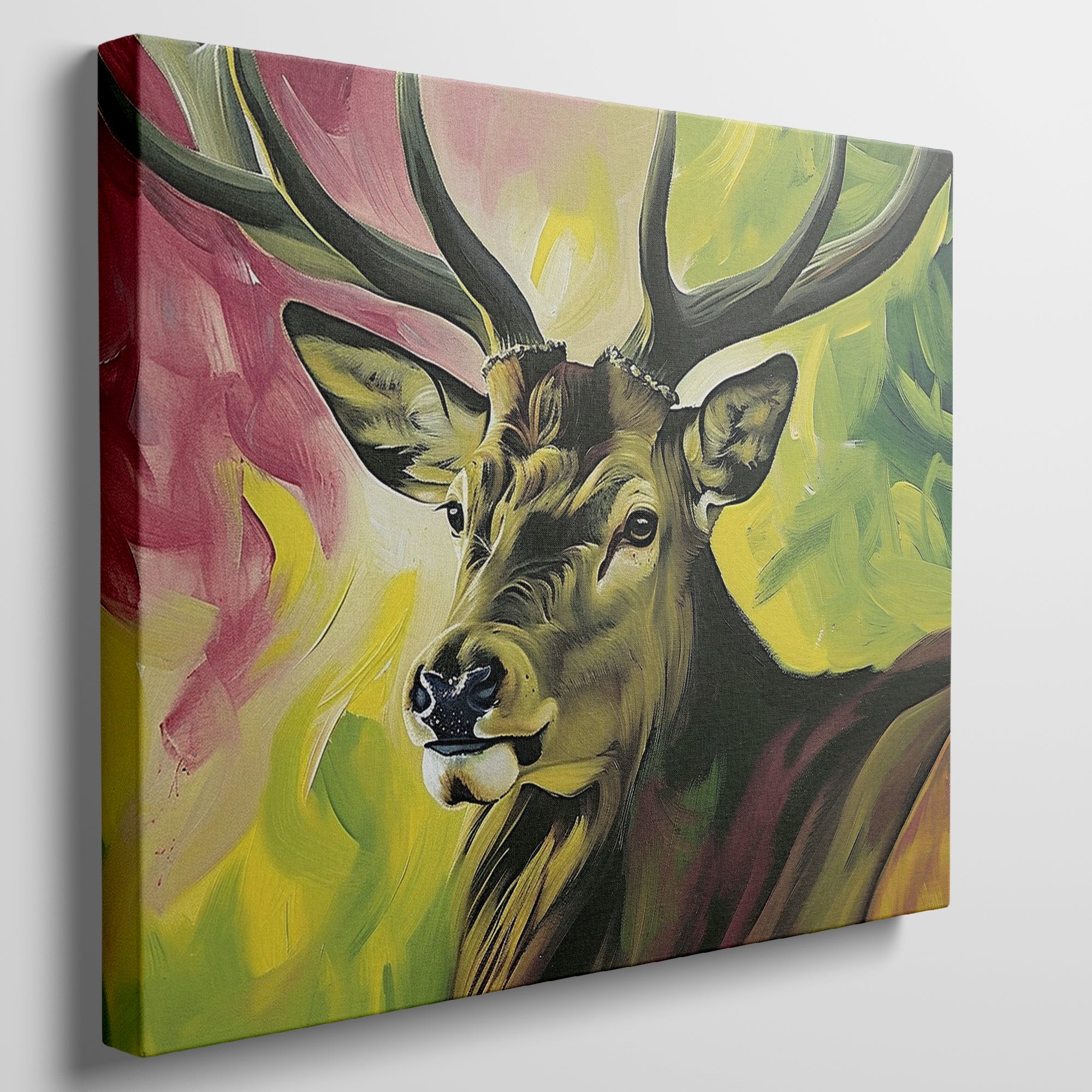 Framed canvas print of a vibrant stag painting with a multicoloured background