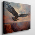 Framed canvas print of a majestic eagle in flight over a canyon at sunset with warm shades of orange and blue