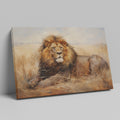 Framed canvas print of a realistic lion resting in the golden savannah