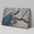 Framed canvas print of a peacock on a blossoming cherry tree with oriental art style