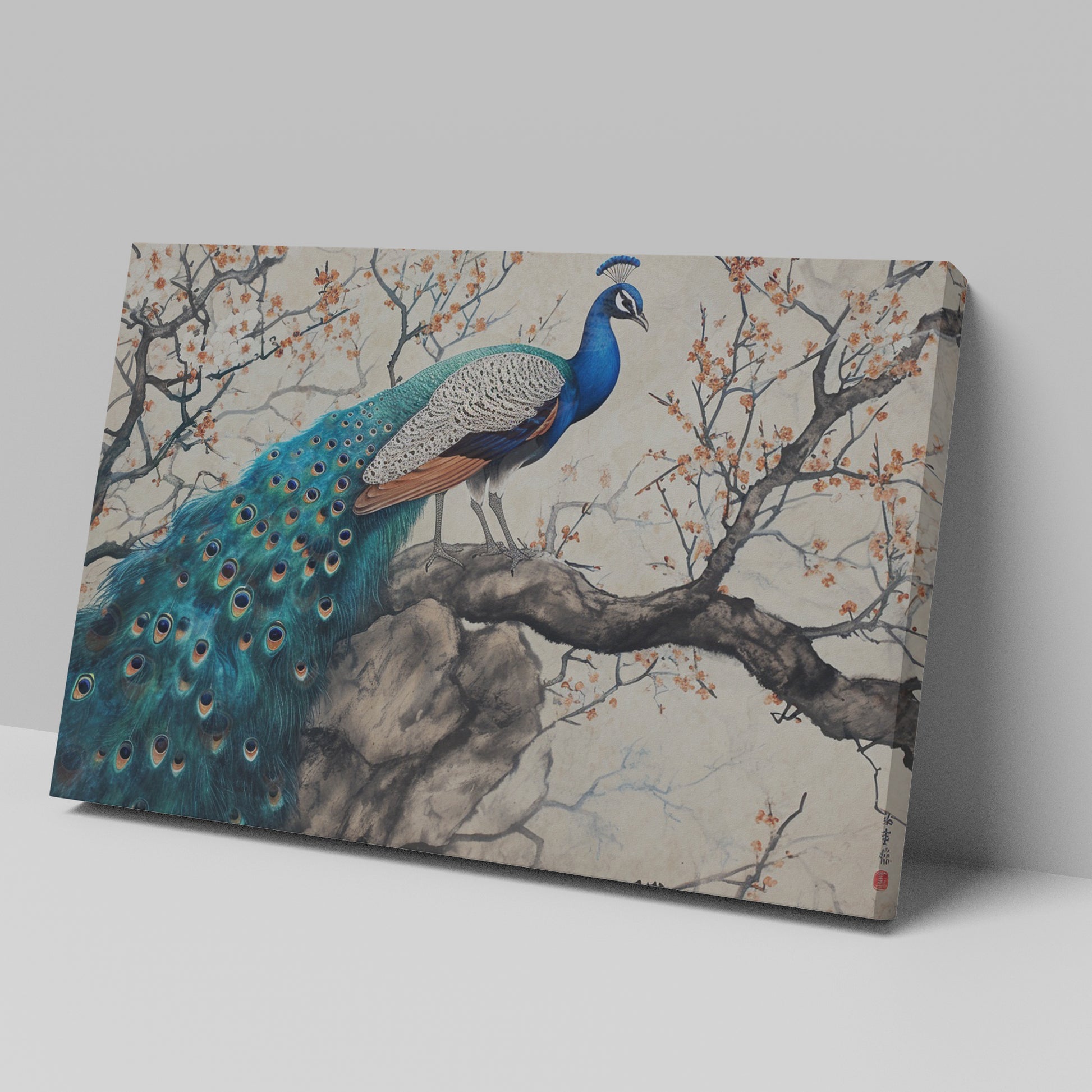 Framed canvas print of a peacock on a blossoming cherry tree with oriental art style