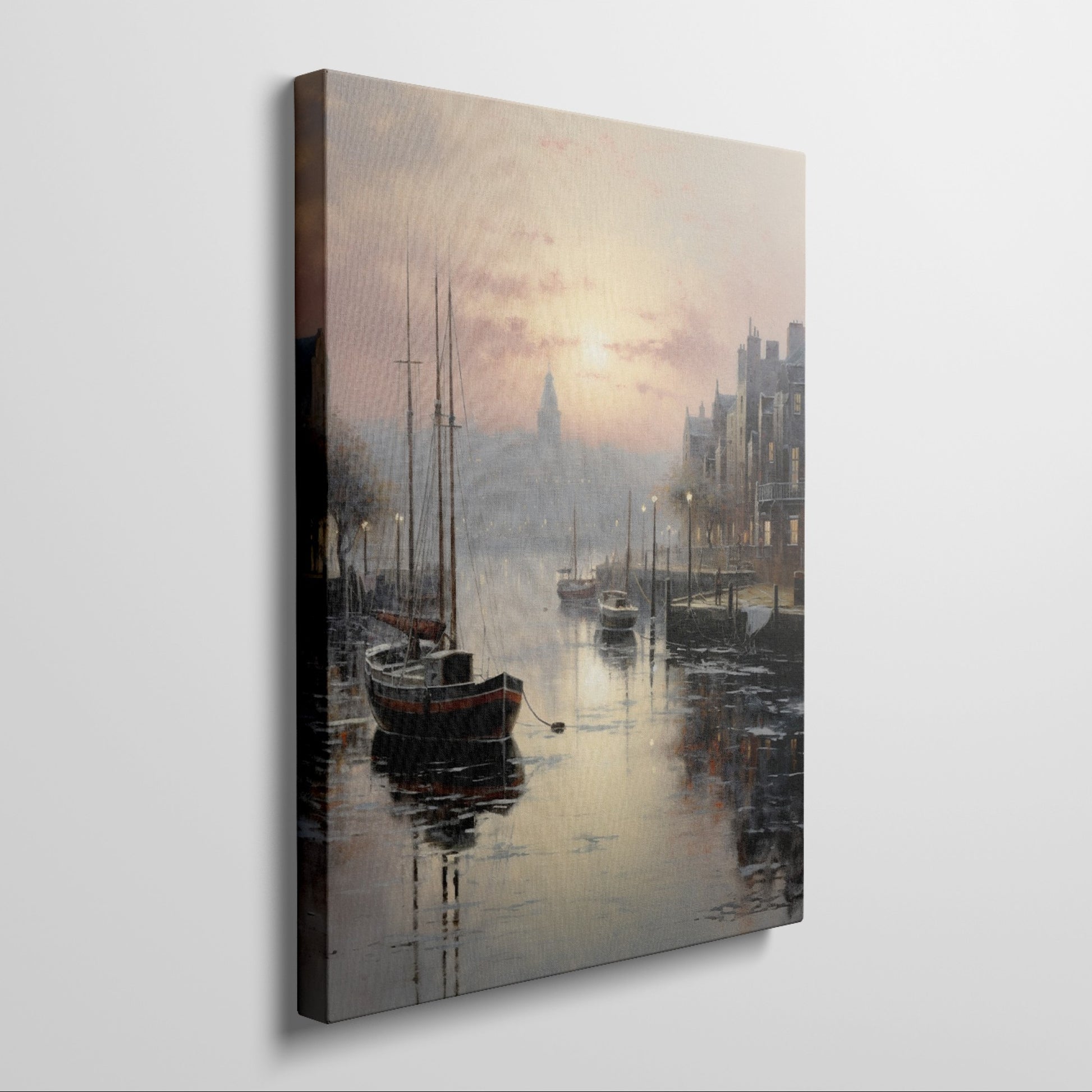 Framed canvas print of serene harbour with sunset, reflective water and sailing boats