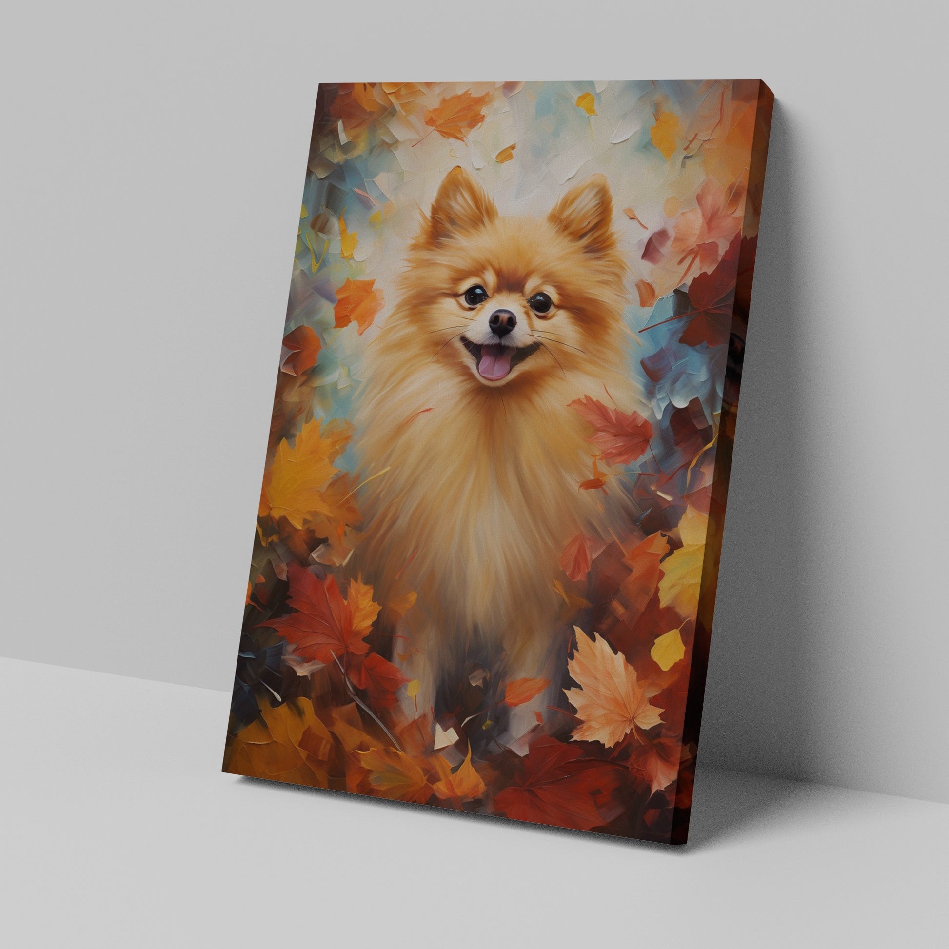 Framed canvas print of a cheerful Pomeranian amidst a vibrant display of autumn leaves