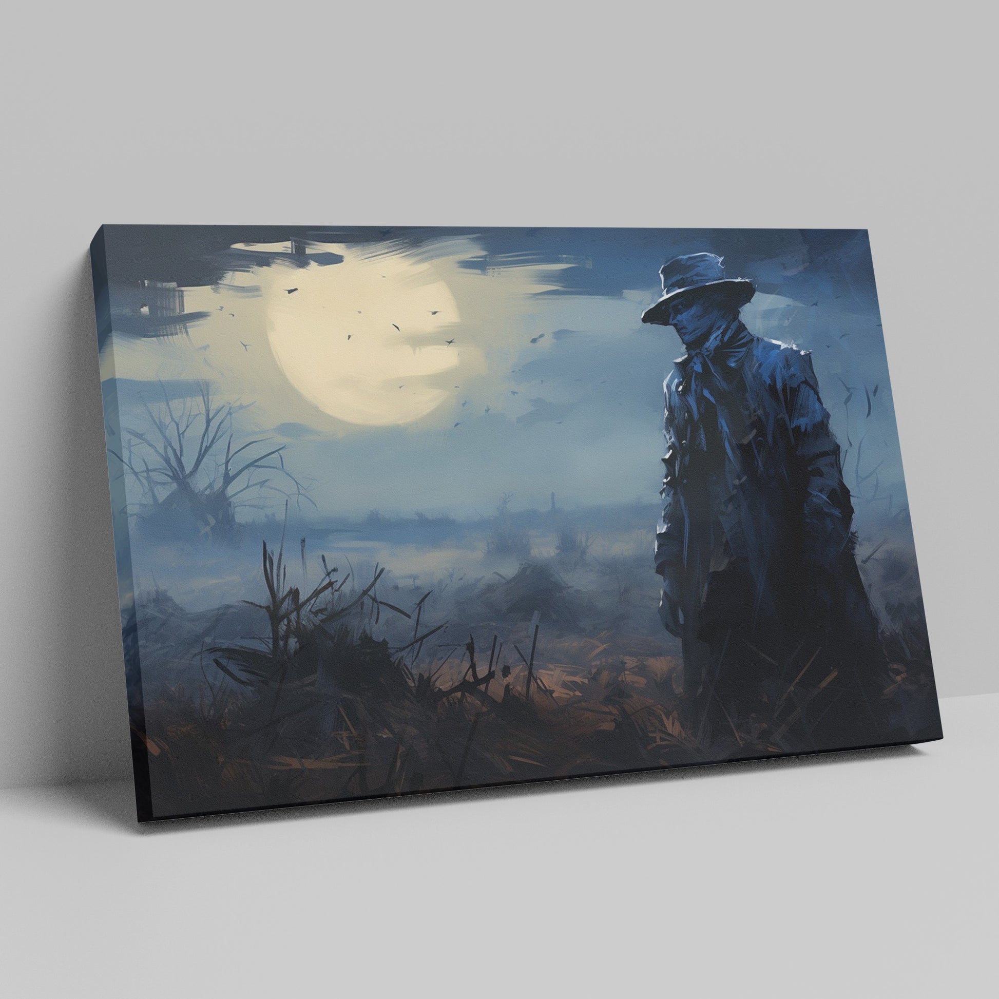 Framed canvas print of a mysterious figure under a moonlit, bird-strewn sky within a dramatic landscape