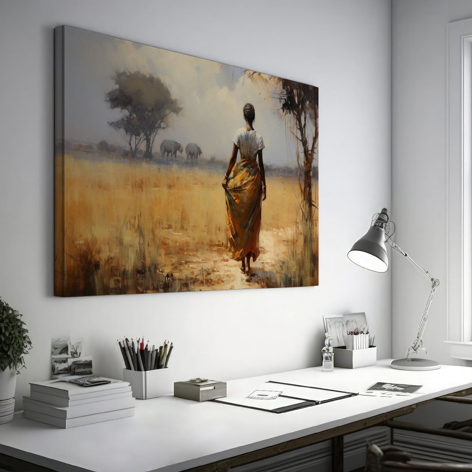 Framed canvas print of an impressionist African Savannah with a woman in traditional dress and elephant herd