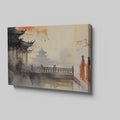 Framed canvas print of traditional Chinese ink wash painting with figures in orange robes and pagodas