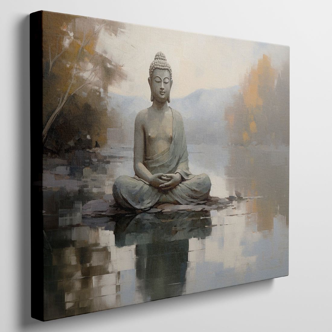 Framed canvas print of a serene Buddha in meditation with a reflective water landscape and autumnal trees