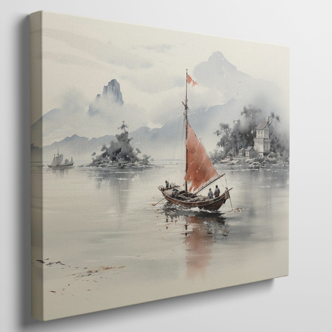 Framed canvas print of traditional Chinese painting featuring a sailboat, misty mountains, and historical architecture