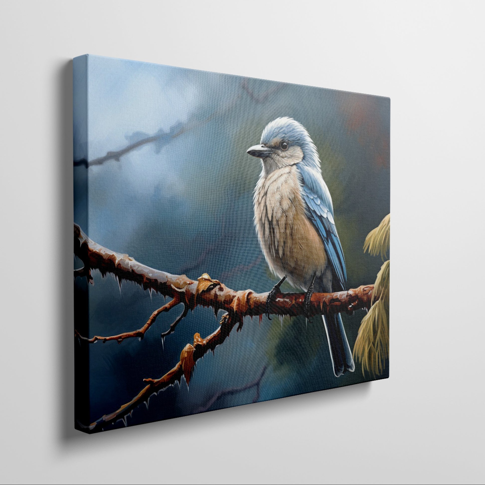 Framed canvas print of a realistic blue jay perched on a branch with intricate detail and vibrant colours