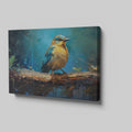 Framed canvas print of a vibrant blue and golden bird on branch with impasto texture