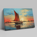 Impressionist style painting of a sailboat with a red sail on calm waters at sunset with vibrant blue and orange sky