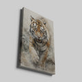 Framed canvas print of a fierce and majestic tiger in watercolour, highlighting the animal's intense gaze and striking details against a neutral backdrop.