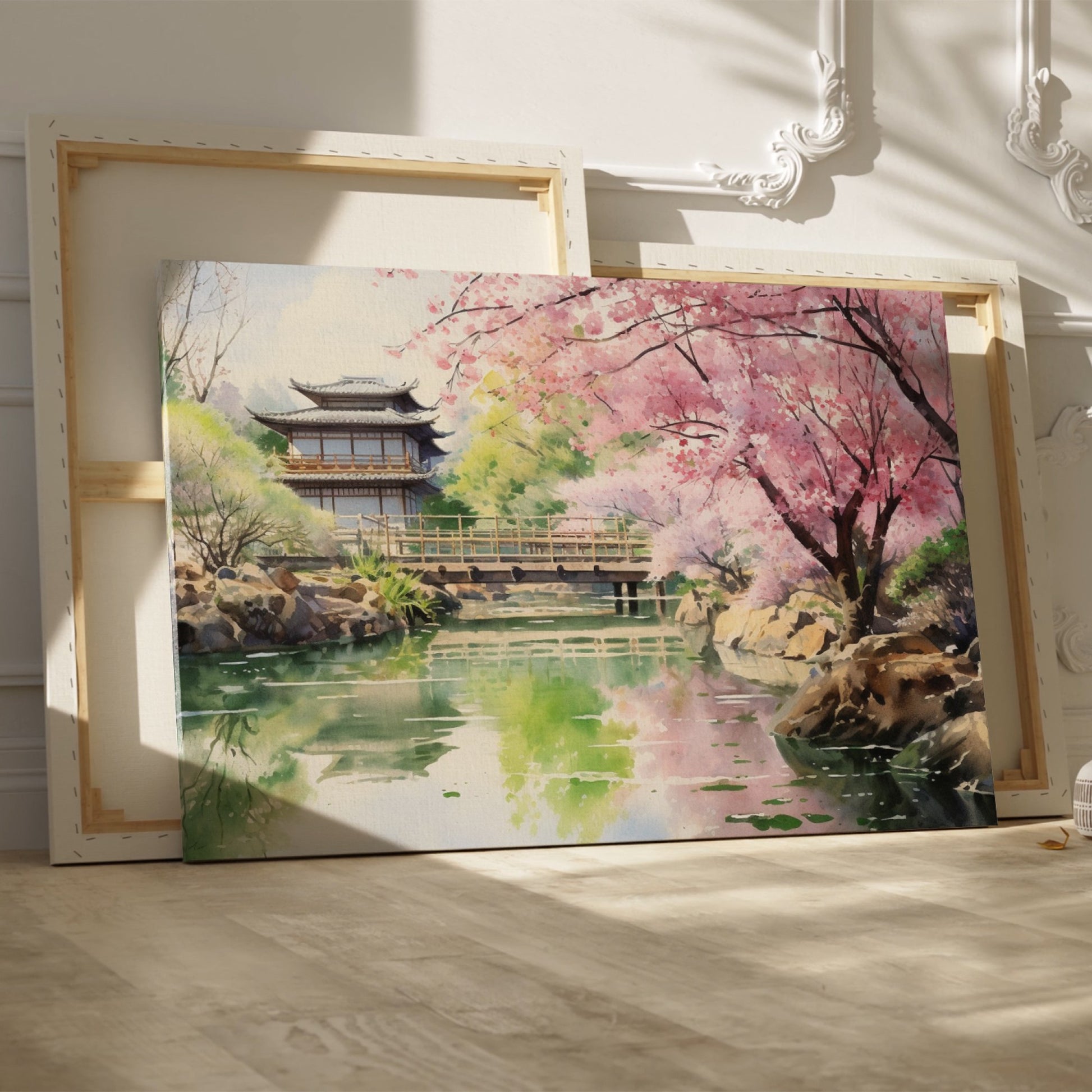 Watercolor painting of a Japanese garden with cherry blossoms, a pagoda, and a reflecting pond