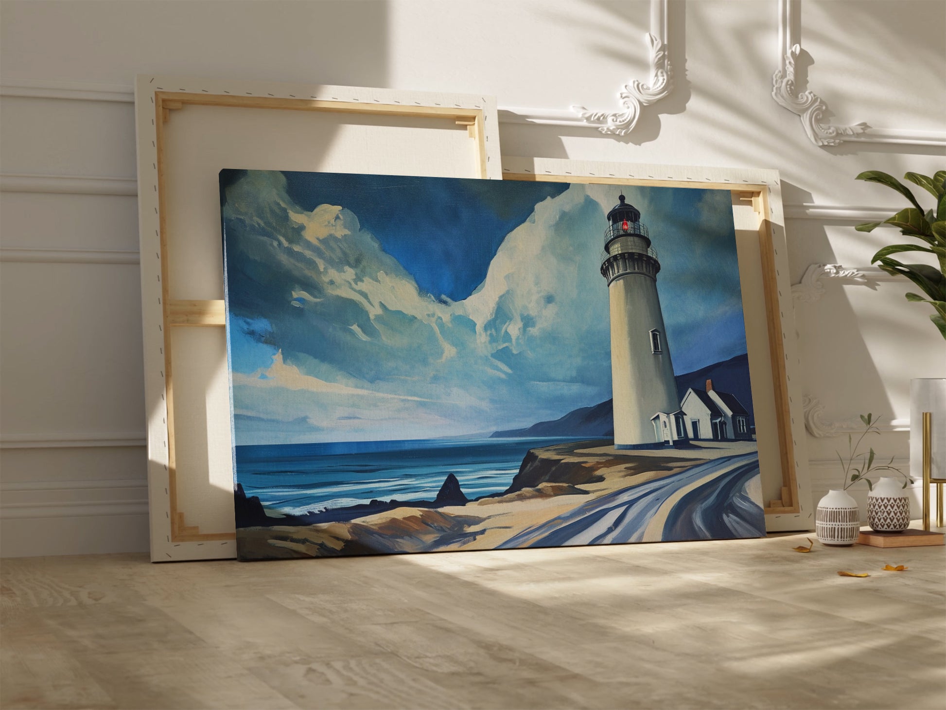 Framed canvas print of a coastal lighthouse with vibrant blue skies and ocean