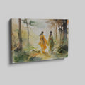 Framed canvas print of two women in traditional Chinese attire walking through an autumnal watercolor forest