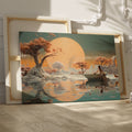 Framed canvas print of a surreal landscape with an ethereal sunset, lady in a boat, and reflective water