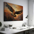 Framed canvas print of a majestic eagle flying over a canyon at sunset with warm golden and orange tones