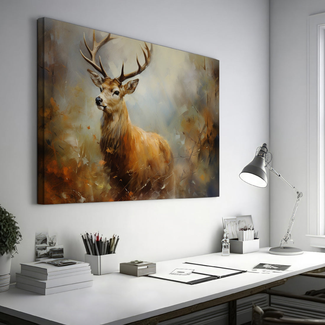 Impressionist painting of a stag with autumn colors on canvas