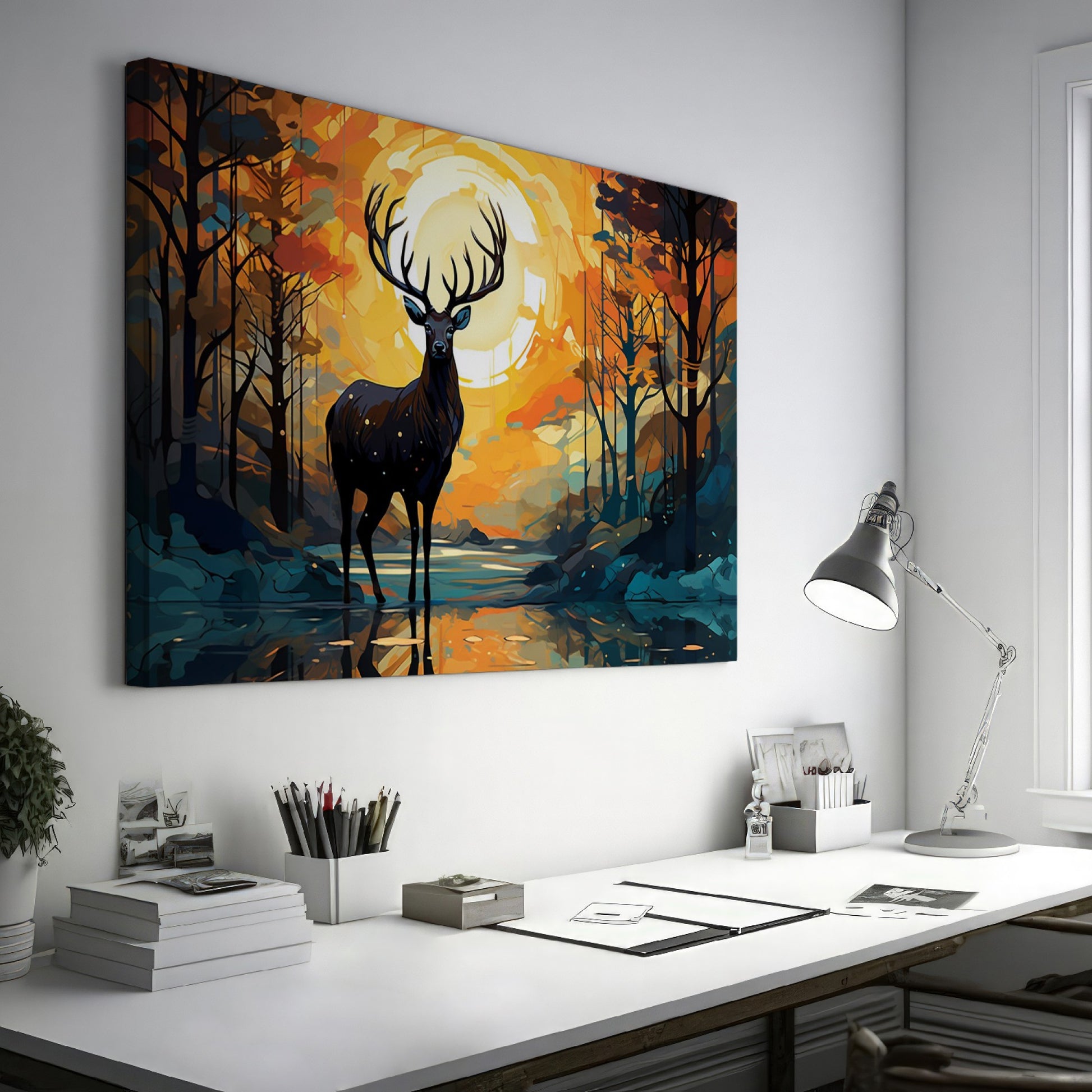 Abstract canvas art of a deer in a sunset forest scene with vibrant orange and blue colors.