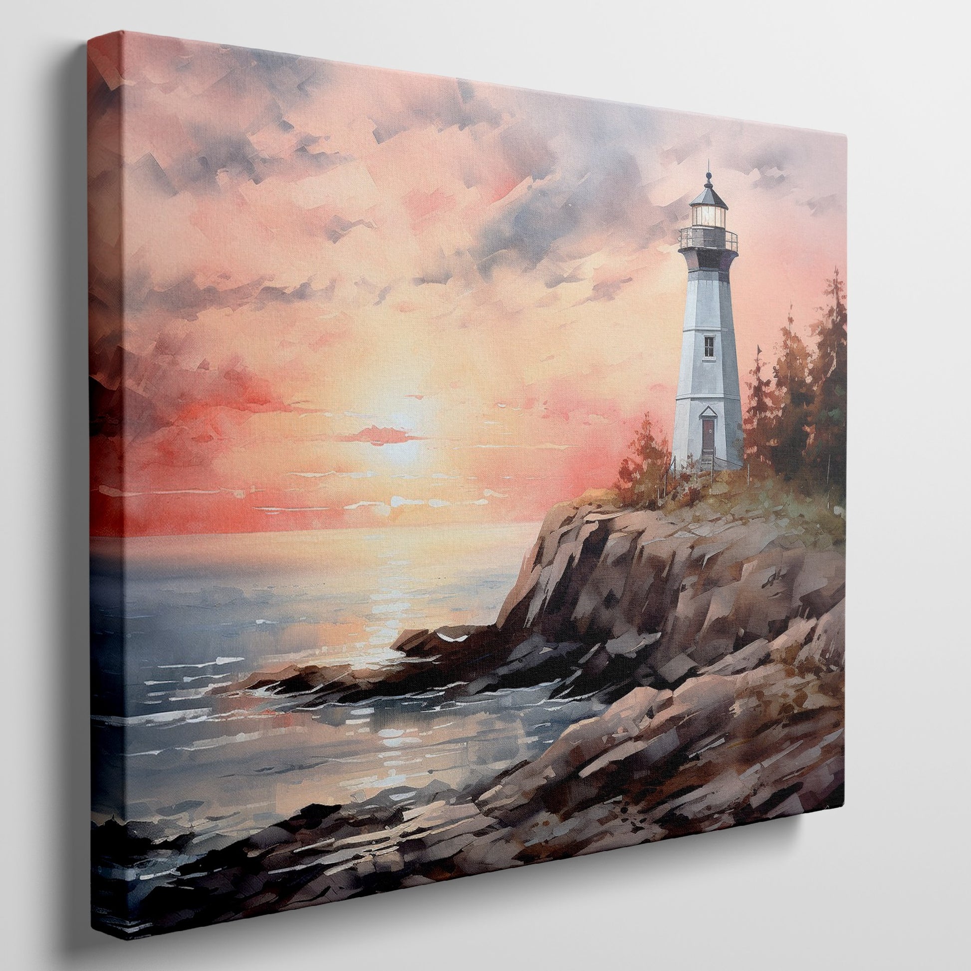 Framed canvas print of a watercolour lighthouse seascape at sunset with vibrant hues of pink, blue, and gold