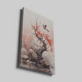 Watercolour painting of a bird in flight by a blossoming tree with red splashes and calm water reflections.