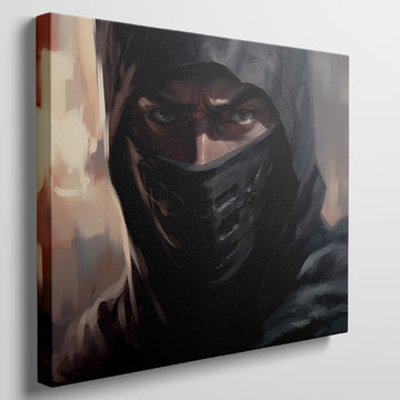 Framed canvas print of a mystic ninja warrior with an intense gaze and a shrouded dark veil.