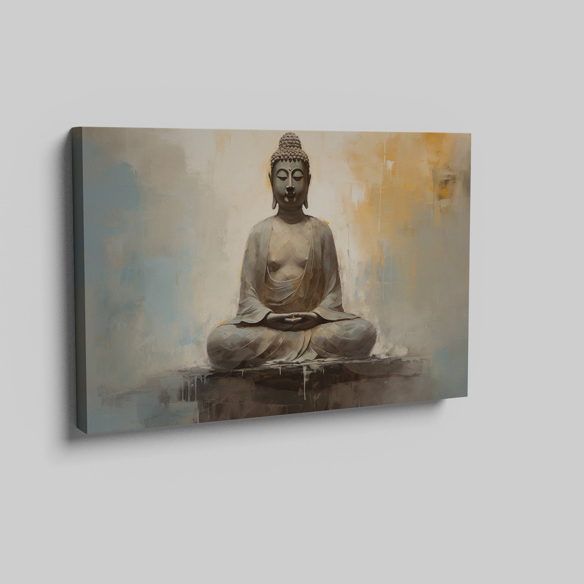 Framed canvas print of a serene Buddha in meditative pose with abstract warm and neutral tones