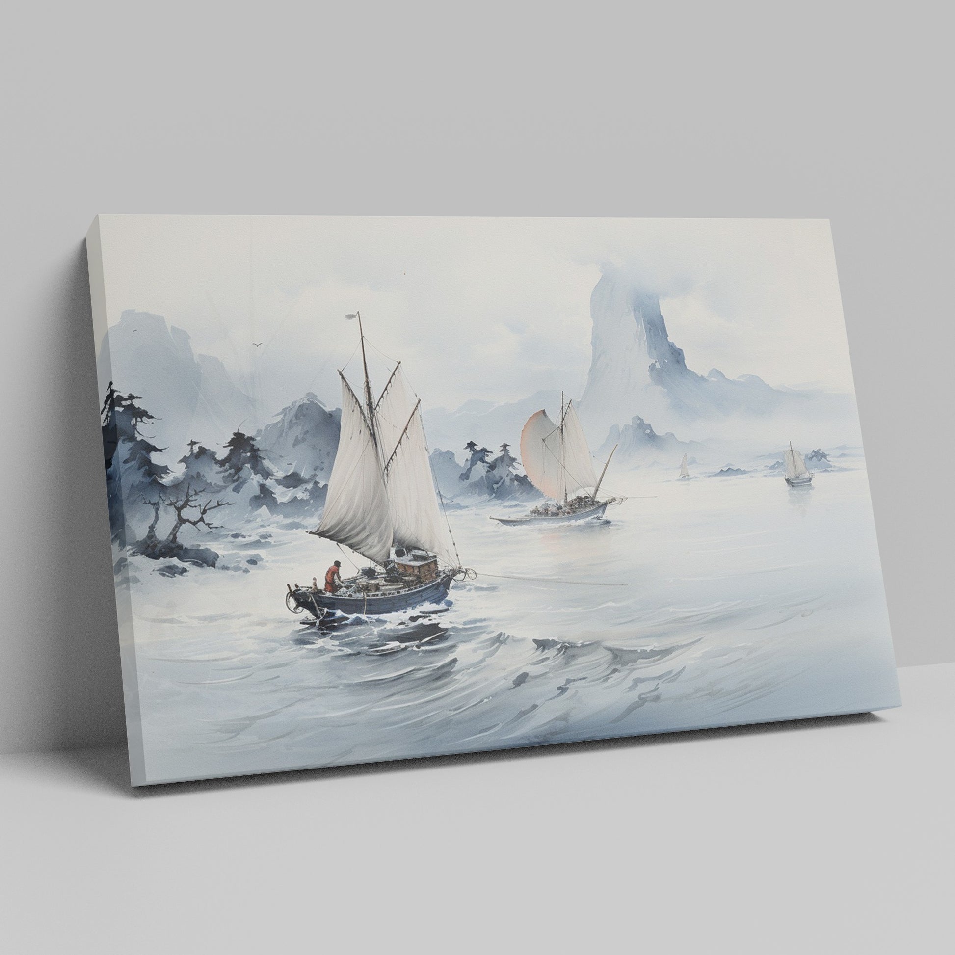 Framed canvas print of serene Oriental sailboats in watercolour with misty mountains and calm sea