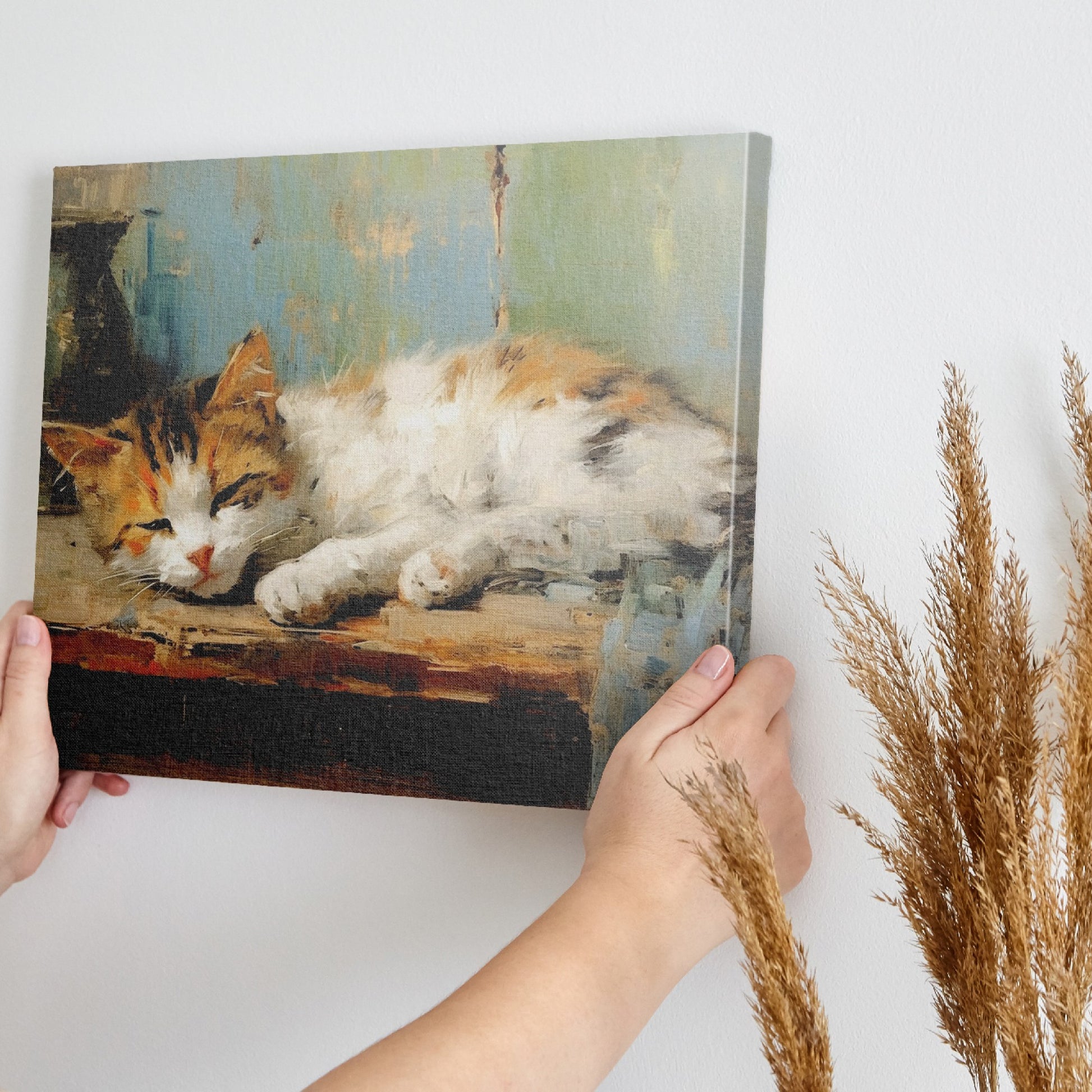 Framed canvas print of a peaceful sleeping cat in warm tones with painterly strokes