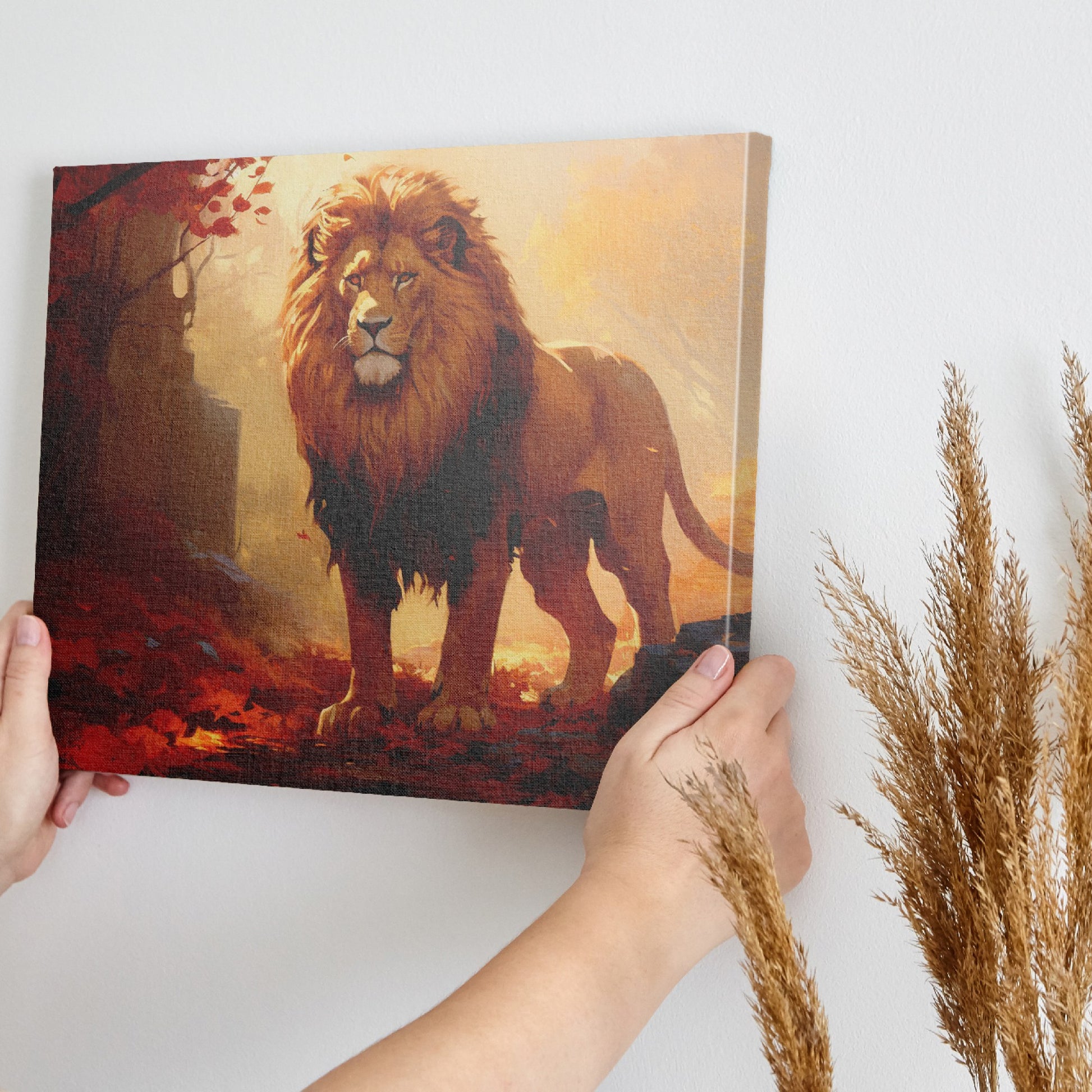 Framed canvas print of a majestic lion in golden autumn forest