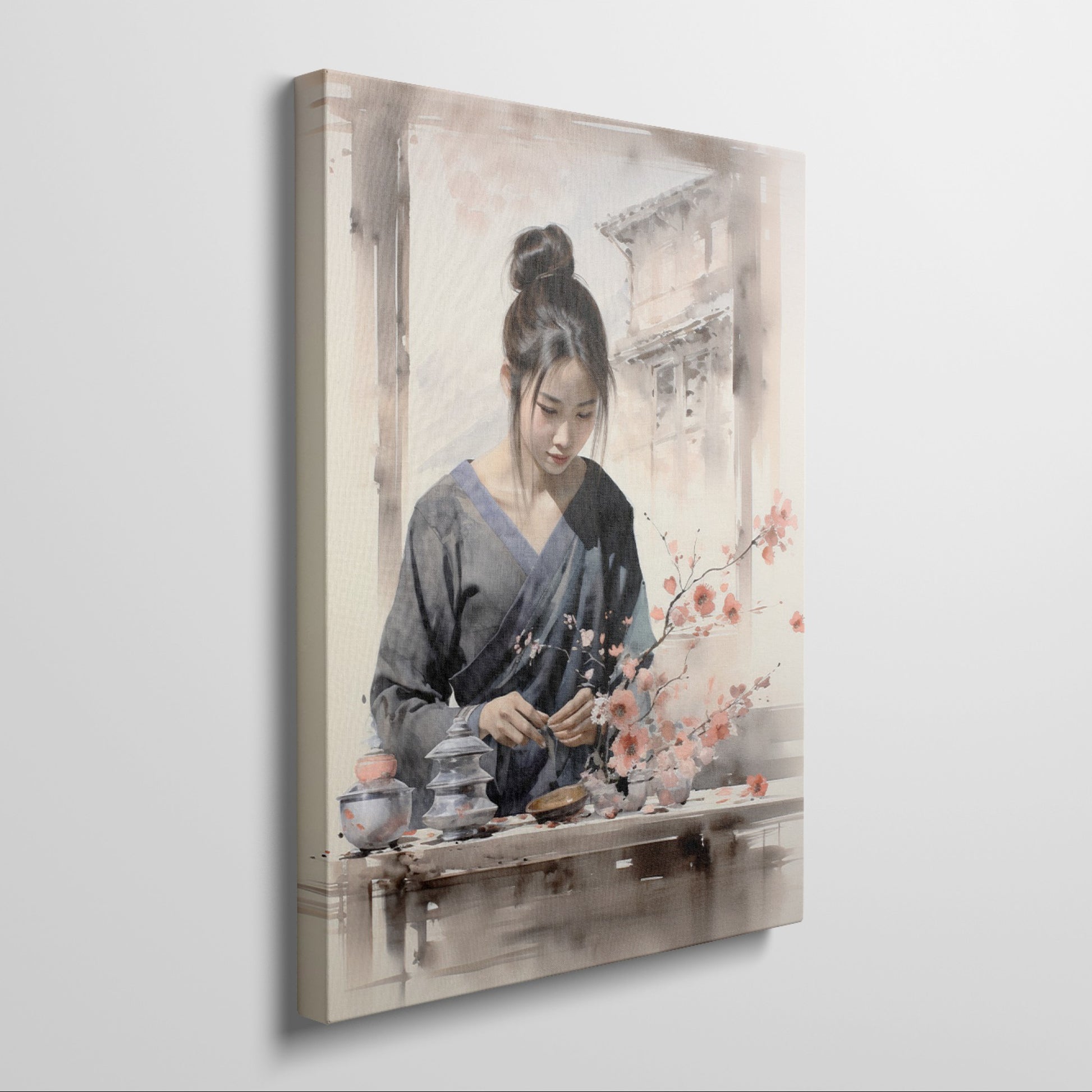 Framed canvas print of an elegant Asian woman with traditional clothing and cherry blossoms