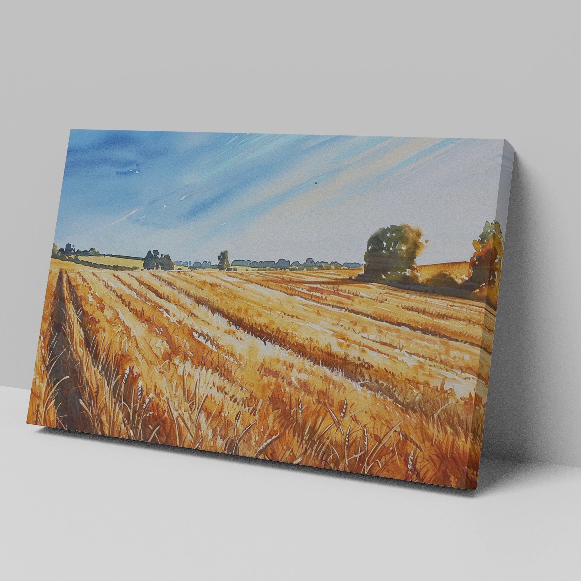 Framed canvas print of golden wheat fields under a blue sky in a rural landscape