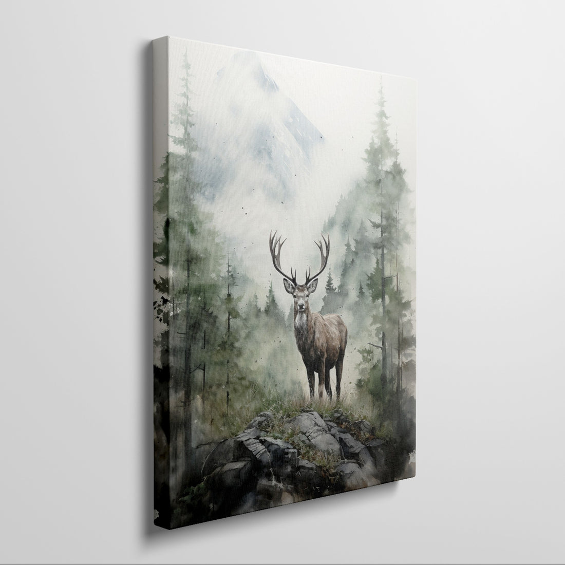 Framed canvas print of a majestic stag set against watercolour misty mountains and a lush forest