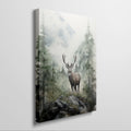 Framed canvas print of a majestic stag set against watercolour misty mountains and a lush forest