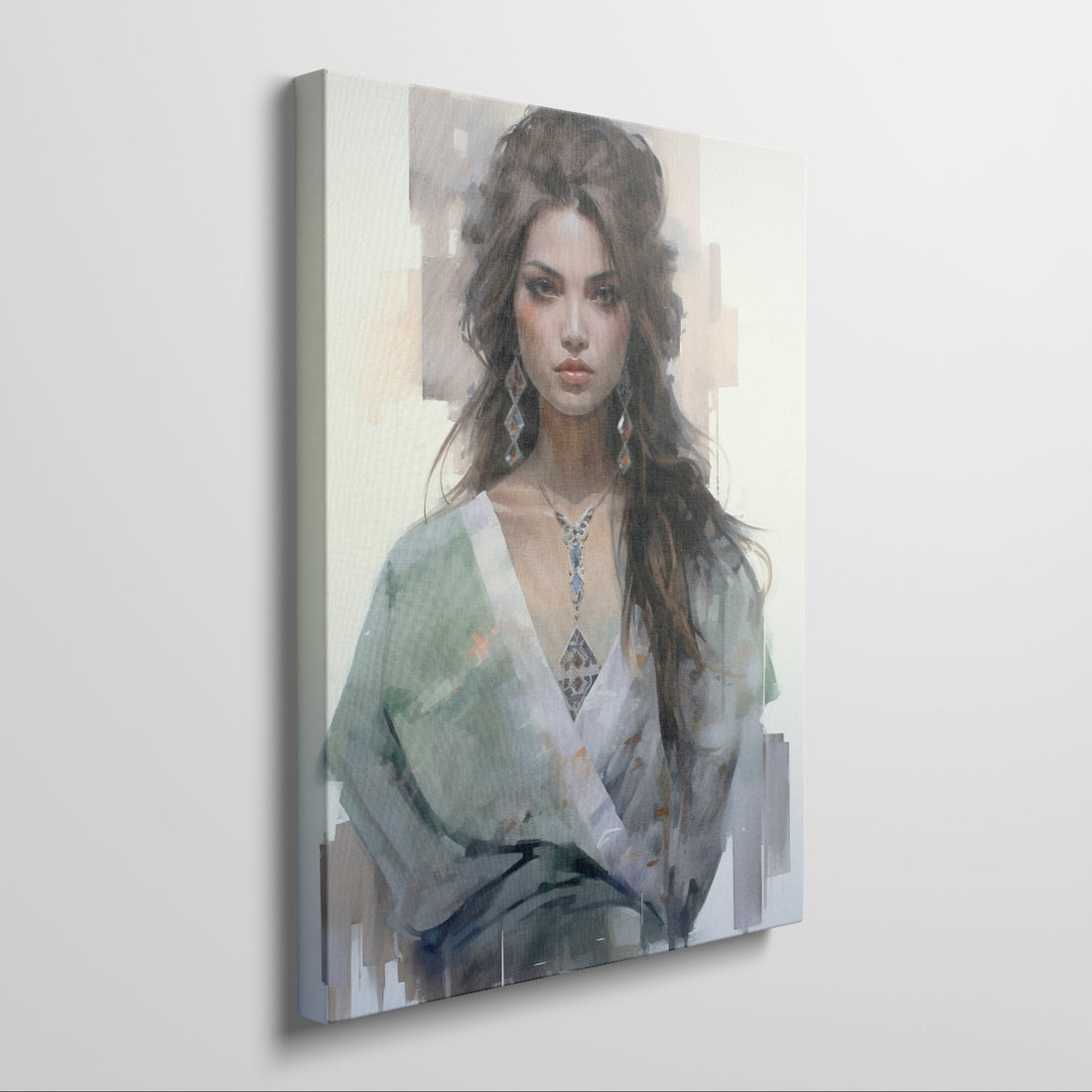 Contemporary framed portrait painting of a woman with flowing hair and ethereal expression.