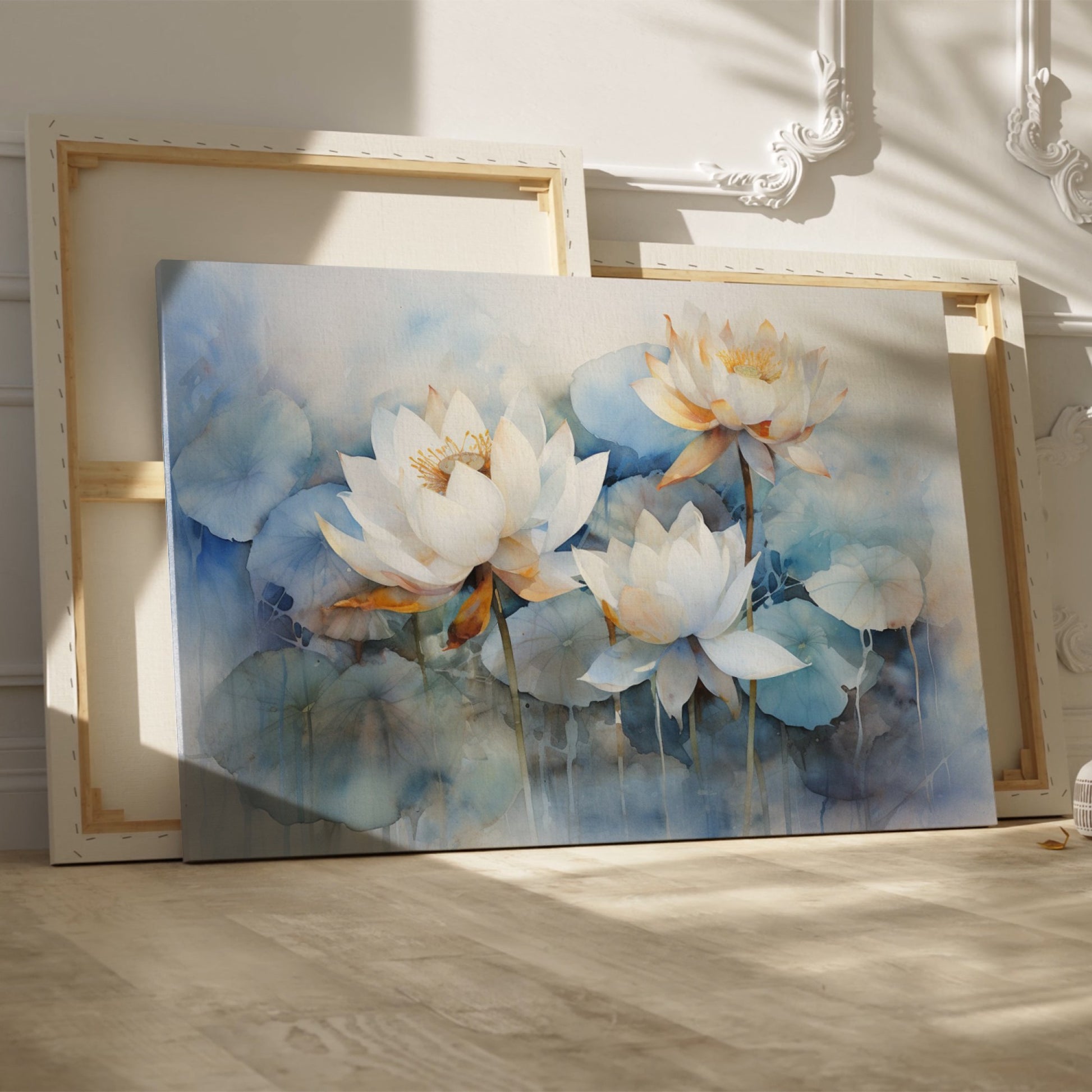 Framed canvas print of ethereal blue and white watercolour lotus flowers with a tranquil vibe