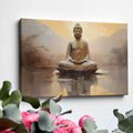 Framed canvas print of a meditative Buddha against a calming sunset and reflective water