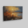 Framed canvas print of impressionist sunset with vivid brushstrokes in golden and blue