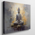 Framed canvas print of a serene Buddha in meditation with abstract warm and cool tones