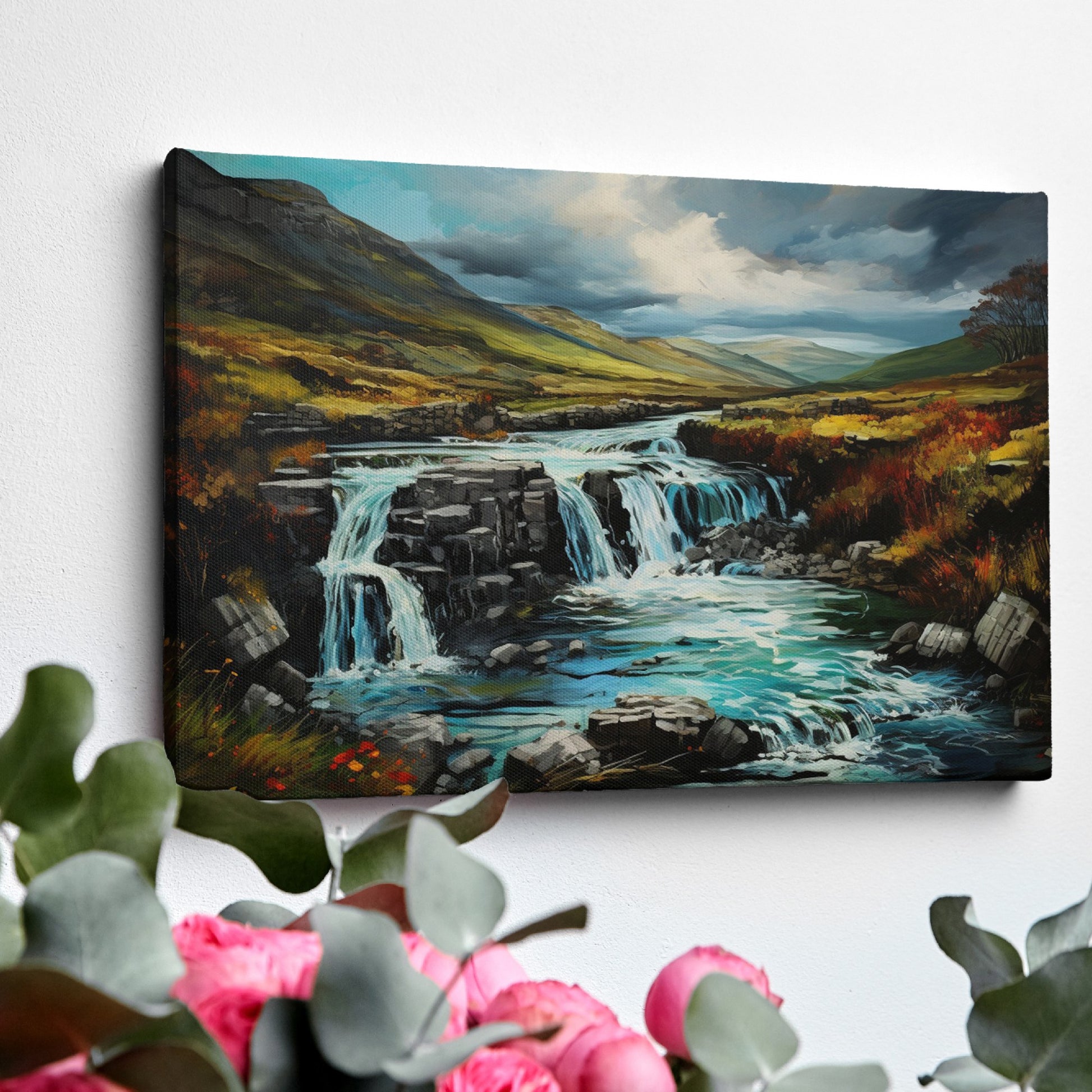 Framed canvas print of an autumnal waterfall landscape with vibrant colours and a dynamic sky