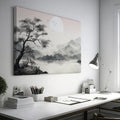 Framed canvas print of a monochrome Oriental ink wash landscape with misty mountains and a tree silhouette