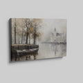 Framed canvas print of a historic chateau reflected on a lake with autumn trees and a rowboat in a misty scene